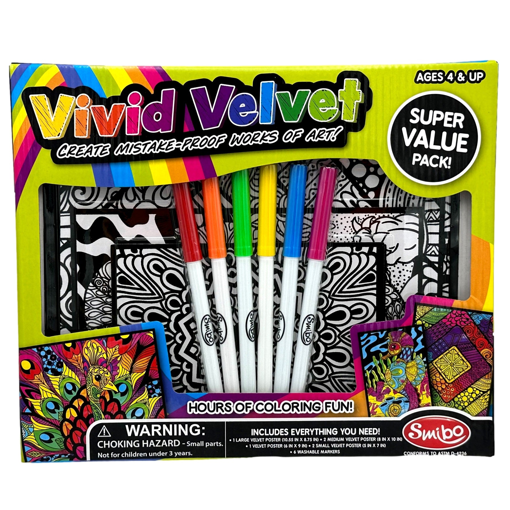 Packaging for a "Vivid Velvet" coloring kit, including velvet posters, markers, and age appropriateness for ages 4 and up.